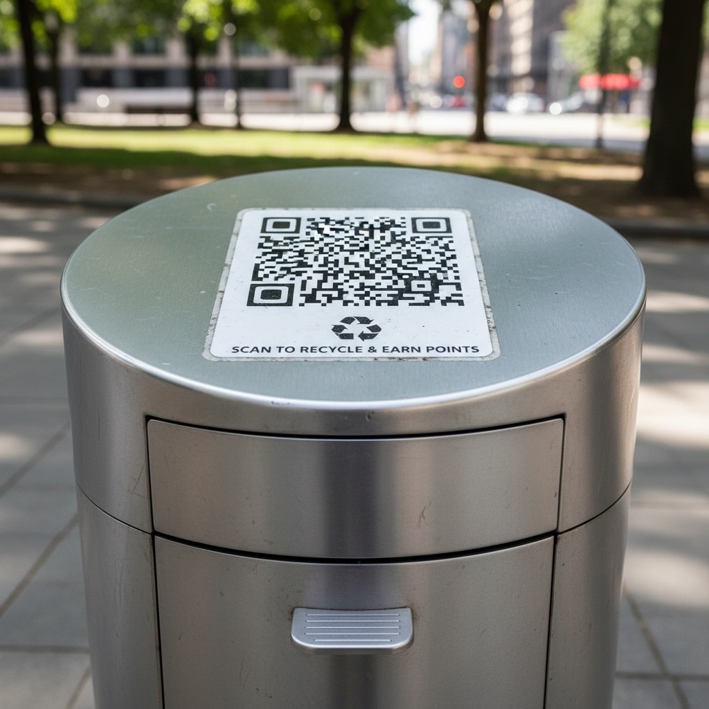 Ein runder Mülleimer aus Edelstahl mit einem QR-Code und der Aufschrift „Scan to recycle & earn points“ auf dem Deckel steht im Freien.
