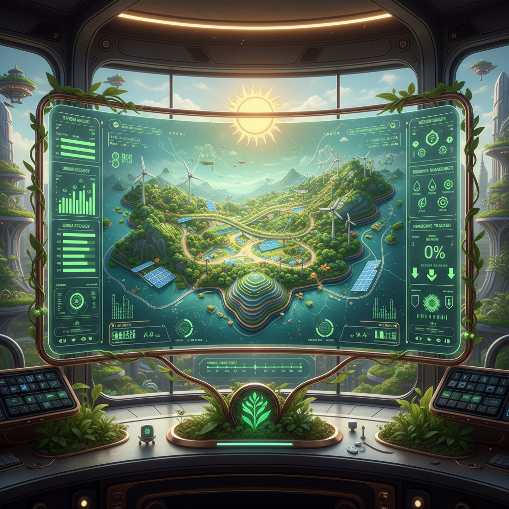 Ein futuristisches Kontrollzentrum zeigt auf einem großen, grün leuchtenden Bildschirm eine detaillierte holografische Landschaft mit erneuerbaren Energien und begrünten Gebäuden.